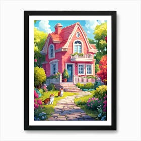 Pink House In The Garden Art Print