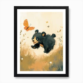 American Black Bear Cub Chasing After A Butterfly Storybook Illustration 2 Art Print