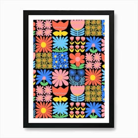 Modern Floral Folk Art Bold Flower Squares Bright Rainbow Art Print