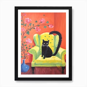 Black Cat Sitting In An Green Sofa Art Print