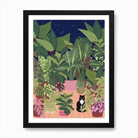 Black Cat And Plants In The Night Art Print