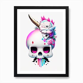 Skull With Tattoo Style Artwork Primary 2 Colours Kawaii Art Print