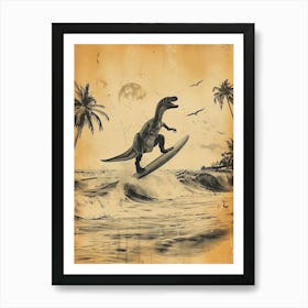 Vintage Giganotosaurus Dinosaur On A Surf Board 1 Art Print