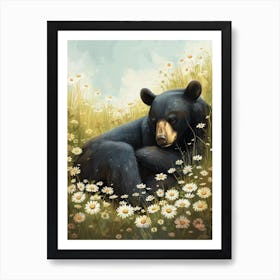 American Black Bear Resting In A Field Of Daisies Storybook Illustration 4 Art Print