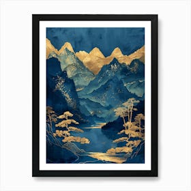 Asian Landscape In Blue And Gold Art Print