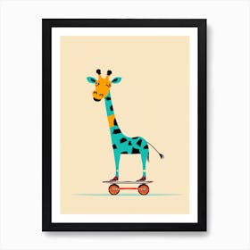 Giraffe On Skateboard Art Print