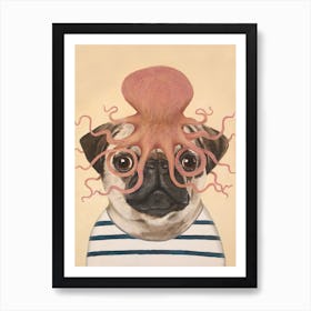 Pug With Octopus Art Print