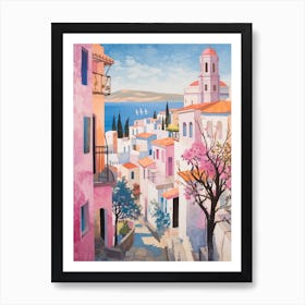 Santorini Greece 3 Vintage Pink Travel Illustration Poster