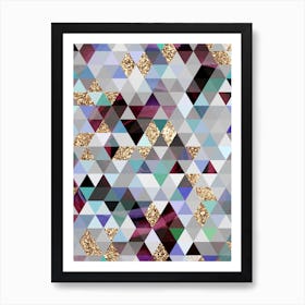Abstract Geometric Triangle Pattern in Teal Blue and Glitter Gold n.0001 Art Print