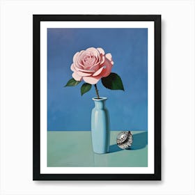 Pink Rose In Blue Vase Art Print