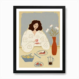 Woman with cup of coffee, Breakfast retro poster, Abstract modern art Art Print