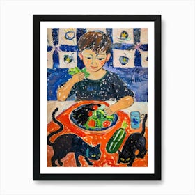 Portrait Of A Boy With Cats Eating A Salad 1 Art Print