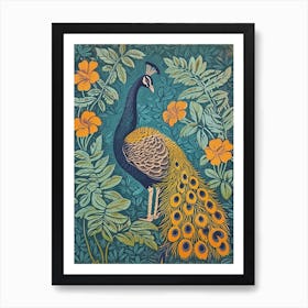 Blue Mustard Peacock With Tropical Flowers Linocut Inspired 4 Art Print