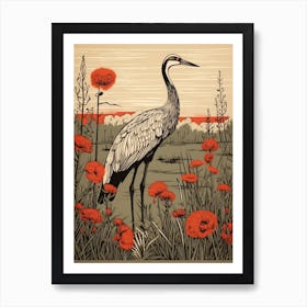 Vintage Bird Linocut Crane 3 Art Print