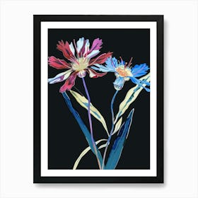 Neon Flowers On Black Cornflower 2 Art Print