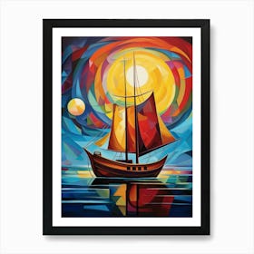 Sailing Boat at Sunset I, Vibrant Colorful Painting in Cubism Picasso Style Art Print