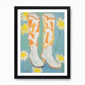 Painting Of White Flowers And Cowboy Boots, Oil Style 10 Art Print