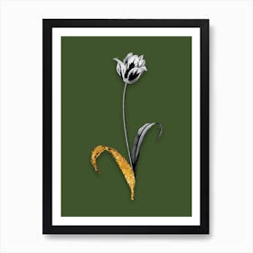 Vintage Didiers Tulip Black and White Gold Leaf Floral Art on Olive Green Art Print