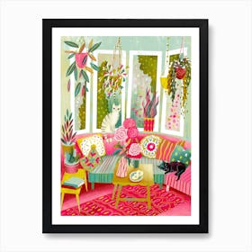 Bohemian Interior Colourful Chushions And Two Cats Art Print