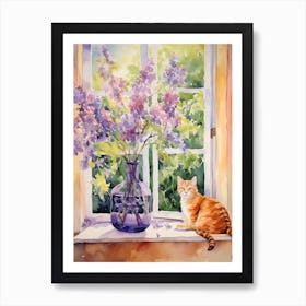 Cat With Wisteria Flowers Watercolor Mothers Day Valentines 4 Art Print