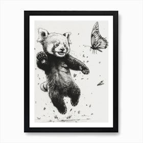 Red Panda Cub Chasing After A Butterfly Ink Illustration 1 Art Print