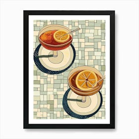 Cocktail & Orange Slice On A Tiled Background Art Print