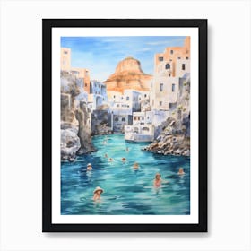 Swimming In Santorini Greece 2 Watercolour Art Print