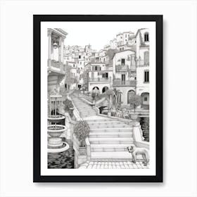 Drawing Of A Dog In Tivoli Gardens, Italy In The Style Of Black And White Colouring Pages Line Art 03 Art Print