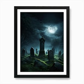 Ghostly Figures Looming Above An Ancient Graveyard In The Haunting Grip Of A Tempestuous Night Sky (1) Art Print