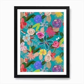 Vivid Colorful Botanical Flowers Pattern With Turquoise Background Art Print