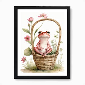 Cute Pink Frog In A Floral Basket (21) Art Print