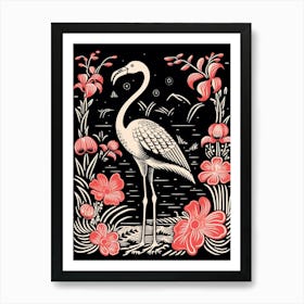 Vintage Bird Linocut Flamingo 1 Art Print