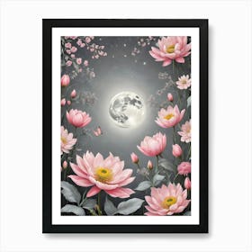 Painted Spring and Summer Flowers Boho Pattern - Soft Pale Grey Background With Pink Bohemian Blooms and Full Moon Wallpaper Art Like Amy Butler and William Morris Fabric Print For Lunar Pagan Gallery Feature Wall Floral Botanical Luna Lover HD Art Print