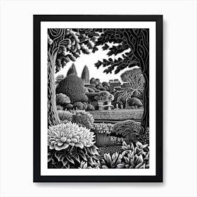 Blenheim Palace Gardens, 1, United Kingdom Linocut Black And White Vintage Art Print