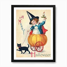 Witch Girl With Black Cat In Chariots Made Of Pumpkin Art Print