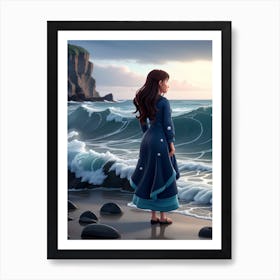 3d Animation Style Sarah Standing Alone By The Sea Waves Crash 1 Art Print