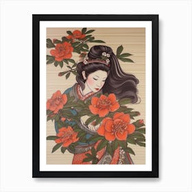 Benifuuki Japanese Tea Camellia Vintage Japanese Botanical And Geisha Art Print