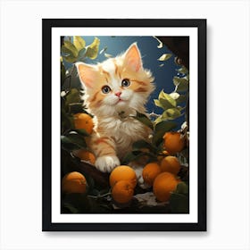 A little kitten climbs up a tree with oranges. Art Print