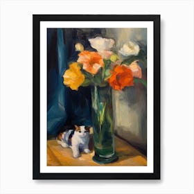 Flower Vase Lisianthus With A Cat 3 Impressionism, Cezanne Style Art Print