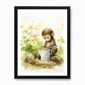 Monkey Painting Gardening Watercolour 4 Art Print