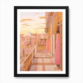 Marrakech Morocco 5 Vintage Pink Travel Illustration Art Print