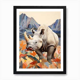 Colourful Patchwork Rhino With Mountain In The Background 4 Art Print