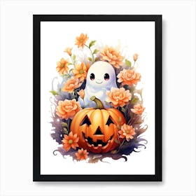 Cute Ghost With Pumpkins Halloween Watercolour 47 Art Print