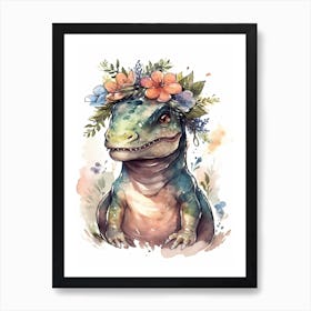 Allosaurus With A Crown Of Flowers Cute Dinosaur Watercolour 1 Art Print