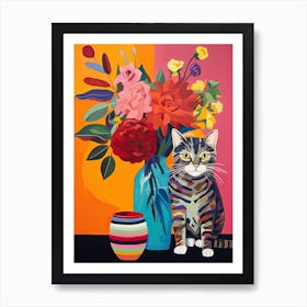 Zinnia Flower Vase And A Cat, A Painting In The Style Of Matisse 1 Art Print