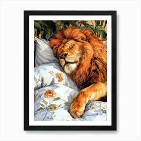 Lion in the bed animal illustration art Art Print