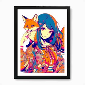 Pretty Anime Girl with Fox 11 Art Print