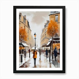 Paris cafes, winter season, Christmas, autumn oil colors, pale colors, pedestrians in the street, winter clothes, falling snow.Christmas decorations.16 1 Art Print