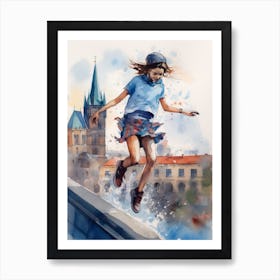 Girl Skateboarding In Prague, Czech Republic Watercolour 3 Art Print