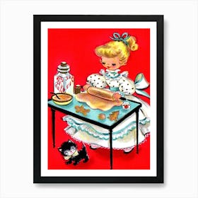 Little Girl Is Making A Christmas Cakes With Her Little Cat Art Print